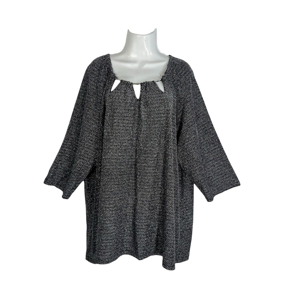 Catherines Plus Size 4X Metallic Silver Black Tunic Top Keyhole Neck 3/4 Sleeve